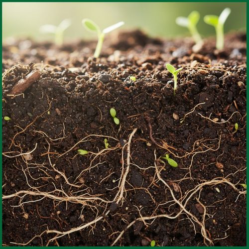 A close-up cross-section of dark, rich soil reveals a network of healthy plant roots and small green sprouts emerging from the surface.
