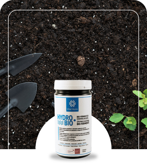 Hyrdo-Bio product bottle and soil in background