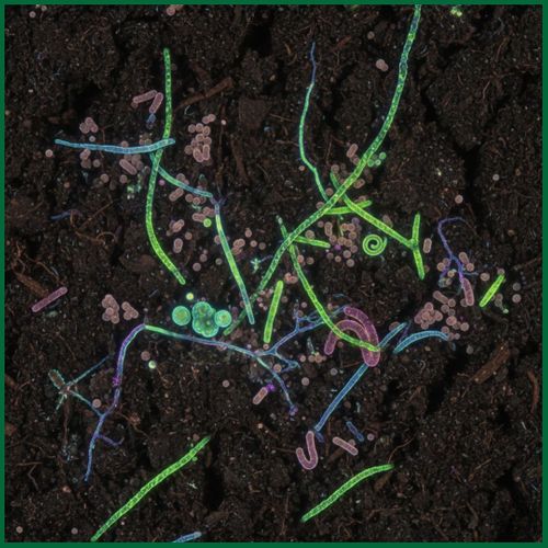 The ground is covered in small, glowing organisms, and there are some larger, blue and green ones as well.