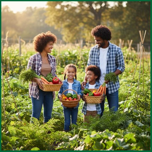 A smiling family of four, including two young children, stands in a lush garden, holding baskets filled with freshly harvested vegetables under warm sunlight.