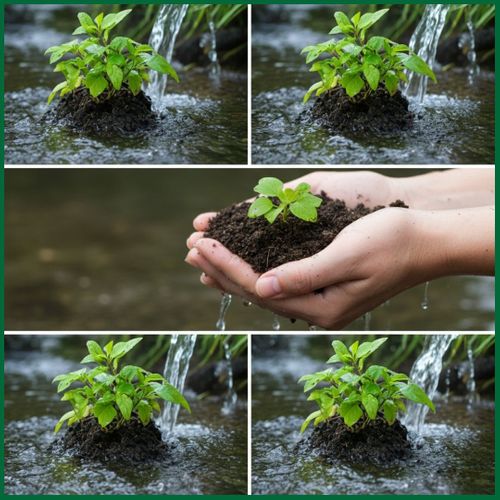A pair of hands gently cups a small green plant nestled in dark soil, while water gracefully flows over it in a natural setting.