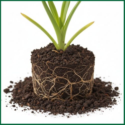 A small green plant with a compact root ball sits on a pile of loose soil.