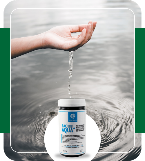 Bac-Aqua product bottle with person letting water run through their hand in a pond