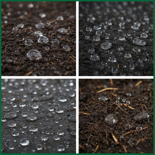 Close-up droplets of water glisten on the surface of dark, rich soil.