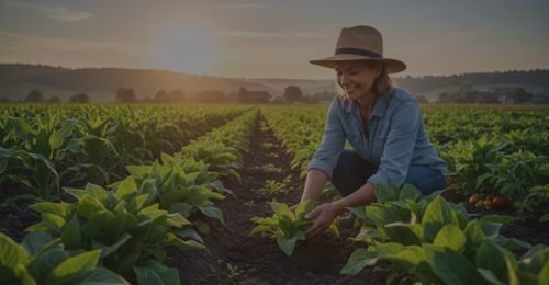 A smiling farmer wearing a straw hat kneels in a field, gently tending to young, healthy crops as the sun rises over the horizon.