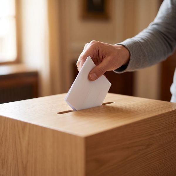  A close-up of a voter's hand inserting a paper ballot into a secure wooden voting box.