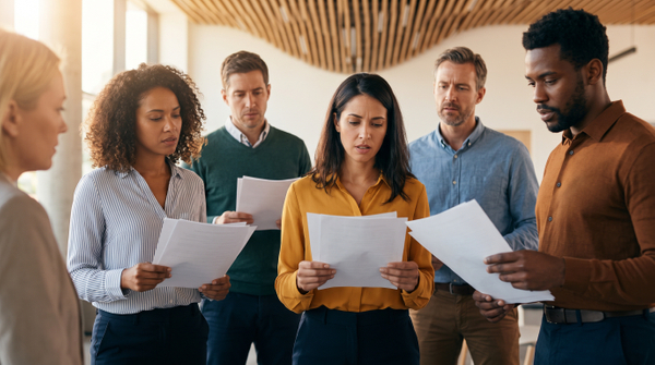 A concerned group of diverse community members reads complex regulatory documents. The Impact of Big Government on Individual Liberties-Image1.jpeg