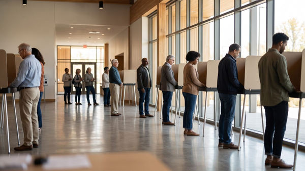 Diverse citizens waiting in a modern, sunlit voting center to cast their ballots during an election.