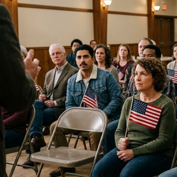 concerned citizens listening to representative holding flags