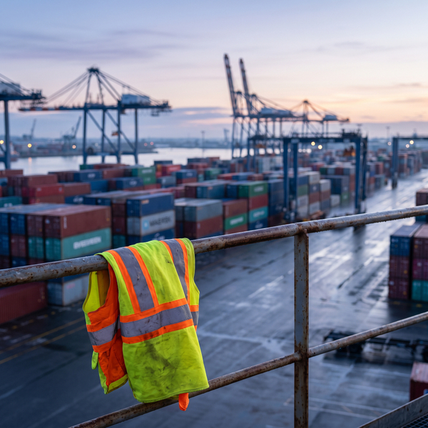 A high-visibility yellow and orange safety vest hanging on a metal railing overlooking a busy container shipping port at dawn.