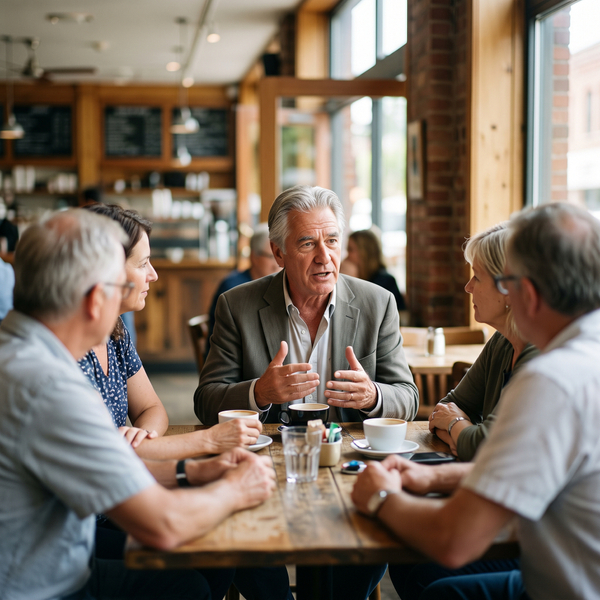 A distinguished older man in a suit speaking passionately to a group of attentive adults seated around a wooden table in a cafe.