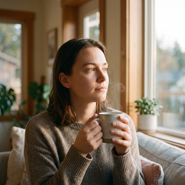 A young woman looking thoughtfully out a window while holding a warm ceramic mug.
