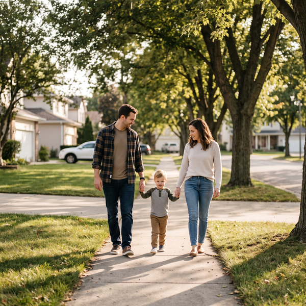 A mother, father, and young child smiling and walking hand-in-hand down a tree-lined suburban sidewalk.