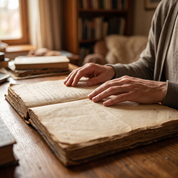 Close-up of a person's hands gently resting on the thick pages of an old, open book on a wooden desk.