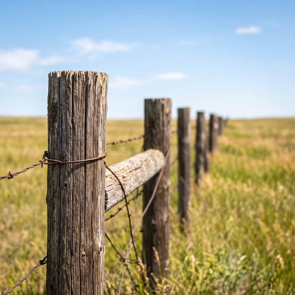 A row of weathered wooden fence posts with wire stretching across a grassy field under a bright blue sky.