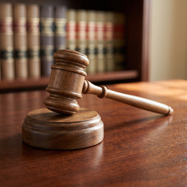 A wooden judge's gavel resting on a sounding block on a polished desk, with out-of-focus law books in the background.