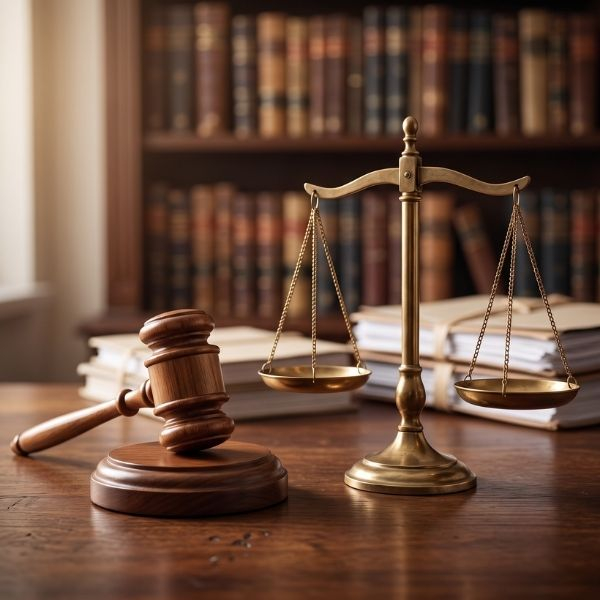 A classic brass scale of justice and wooden gavel sitting on a dark mahogany desk in a study.
