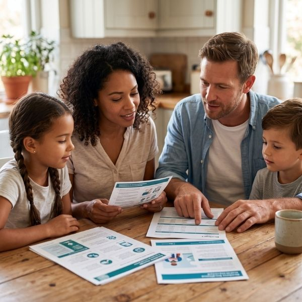 A family sitting at their kitchen table reviewing household budget documents and healthcare bills.