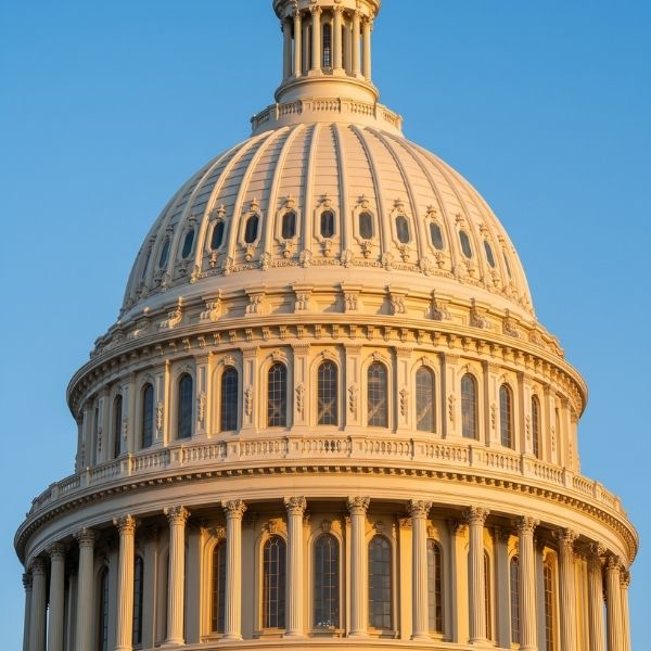 The majestic dome of the United States Capitol building illuminated by the golden rays of sunrise.
