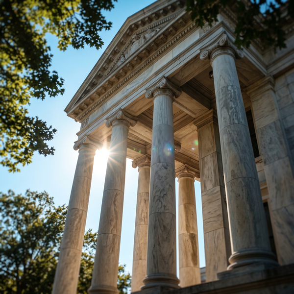 Bright sun shining through the large marble columns of a classic neoclassical government building.
