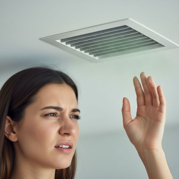 A person's hand held up close to a ceiling air vent to check the airflow.