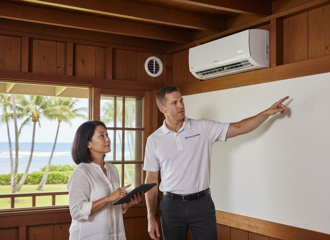 HVAC technician explains AC unit to a client in a tropical home