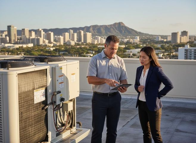 HVAC Technician Discussing Unit with Client on City Rooftop