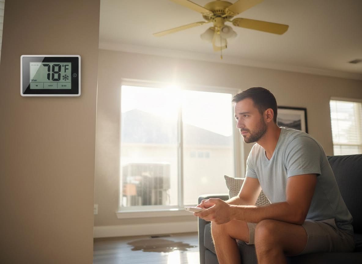 Man on couch with 78°F thermostat and water leak