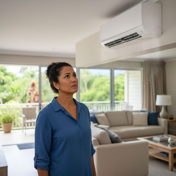 A woman with a displeased expression noticing a bad smell from an air vent.