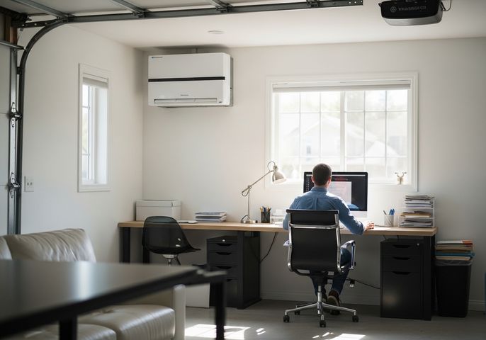 Man working at a desk in a converted garage office