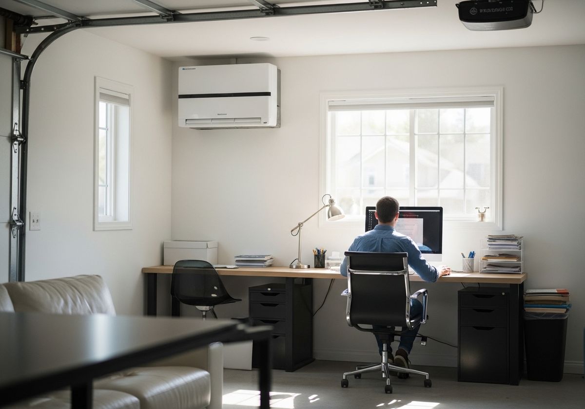 Man working at a desk in a converted garage office