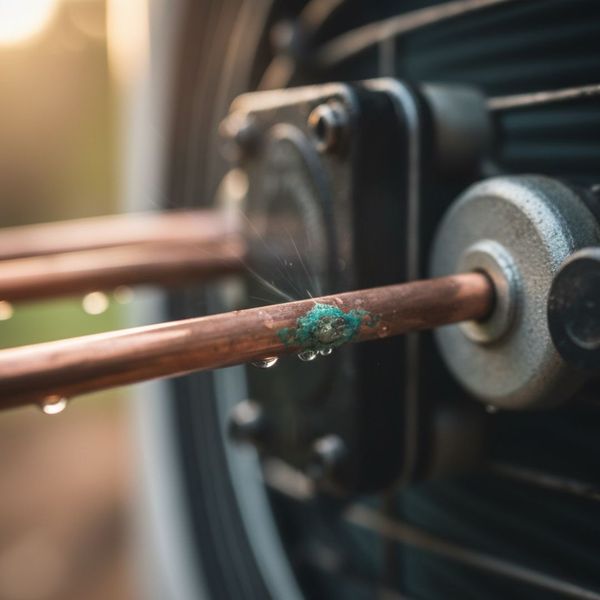 Close-up of a tiny leak on a copper AC refrigerant line