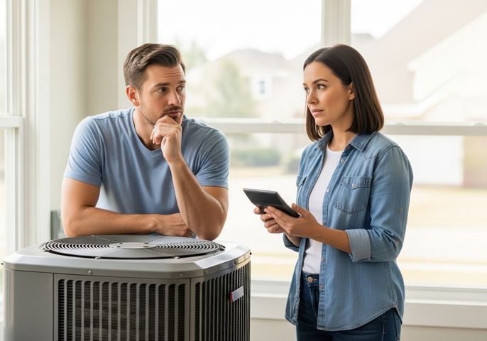 A concerned-looking man and woman stand next to a home air conditioning unit. The woman is holding a calculator and appears to be figuring expenses while the man looks contemplative, resting his chin on his hand, indicating they are discussing the costs associated with heating and cooling their home. Couple Calculating HVAC Costs