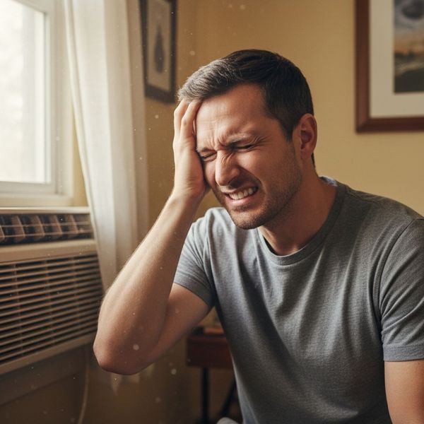 A man grimacing while listening to a loud air conditioner unit.