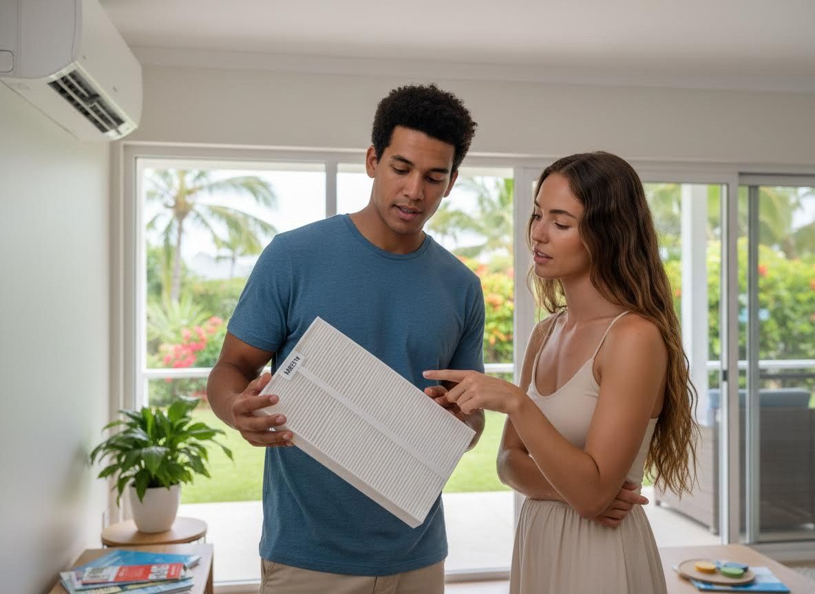 Couple examining an air conditioning filter