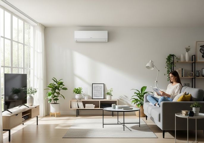 Woman Reading Under Air Conditioner in Modern Living Room