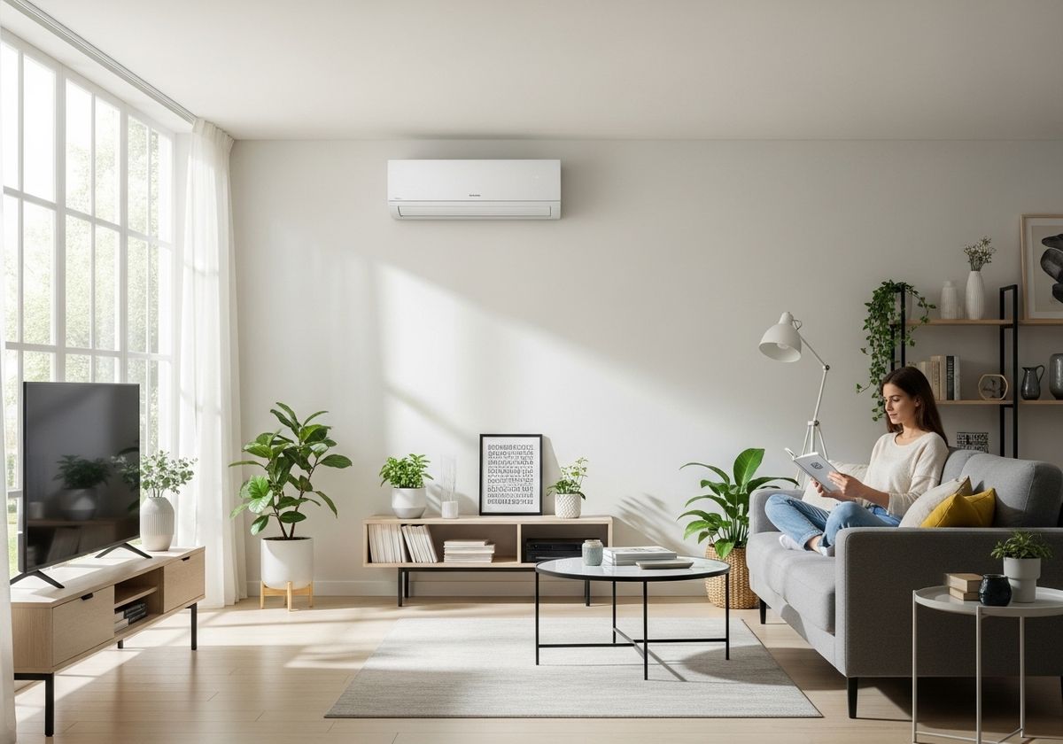 Woman Reading Under Air Conditioner in Modern Living Room