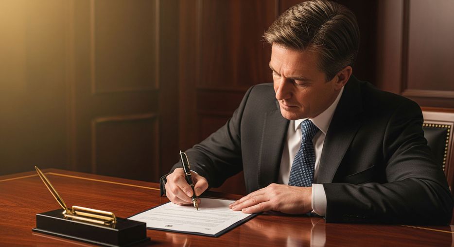 A man in a suit signing a formal legal document with a fountain pen on a wooden desk.