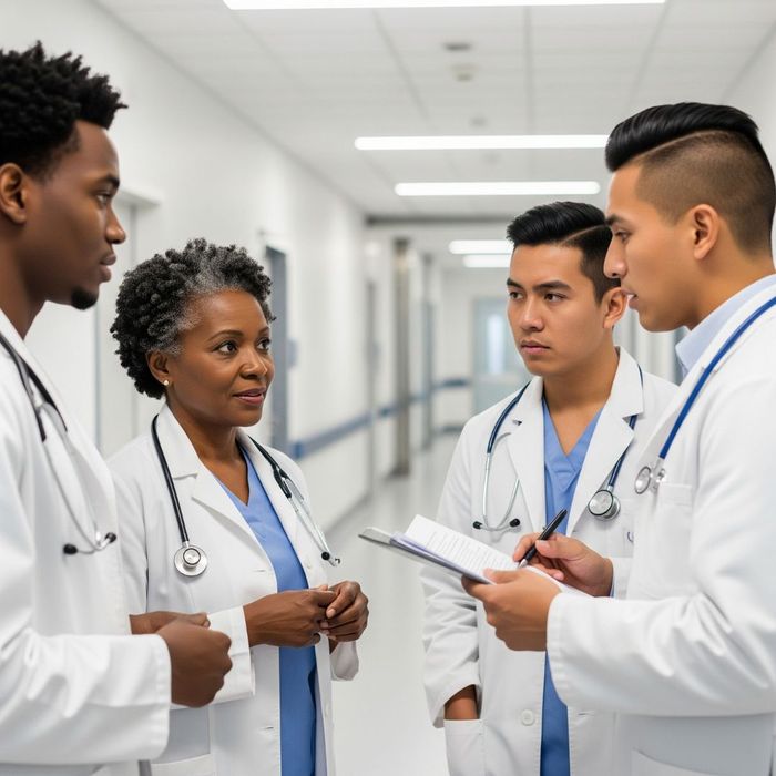 A diverse group of medical professionals engaged in a serious conversation in a hospital corridor, symbolizing the professional standard of care.