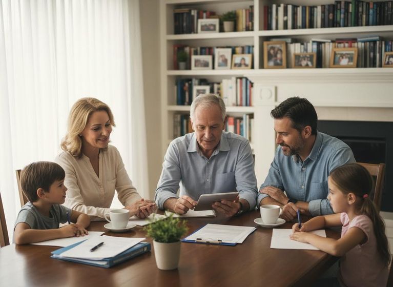 A happy multi-generational family of five, including an older man, two adults, and two children, gathered around a table. The children are drawing, and the older man shows something on a tablet. Multi-generational family looking at a tablet and children drawing