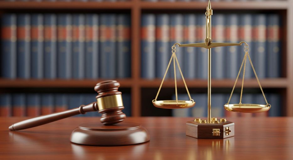 A gavel and scales of justice resting on a desk, representing family law and child custody decisions.