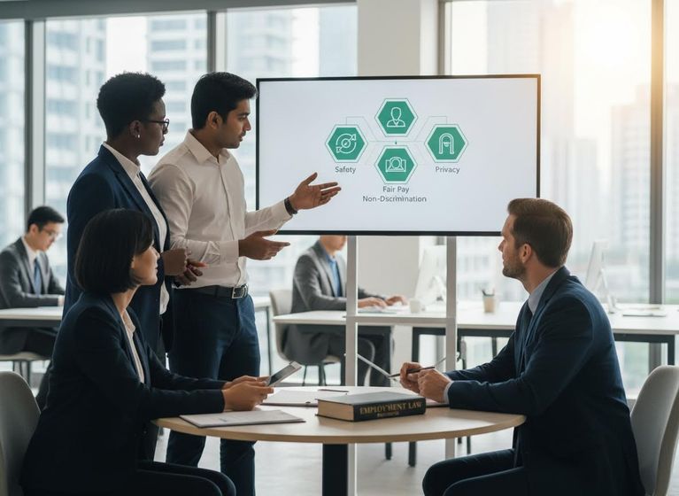 A diverse team discusses employment law principles including safety, fair pay, non-discrimination, and privacy, displayed on a screen. Diverse Professionals Discussing Employment Law and Workplace Rights