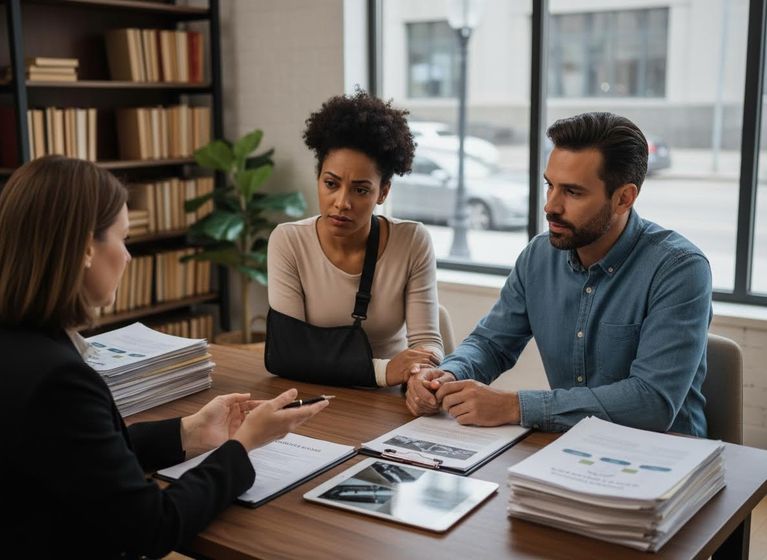 Injured Woman and Partner Consult with Lawyer