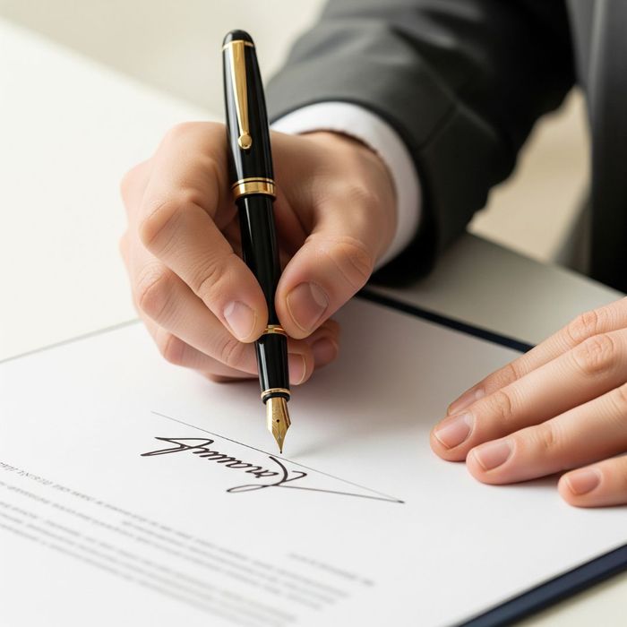 A close-up of a fountain pen signing a formal business contract. A close-up of a fountain pen signing a formal business contract.
