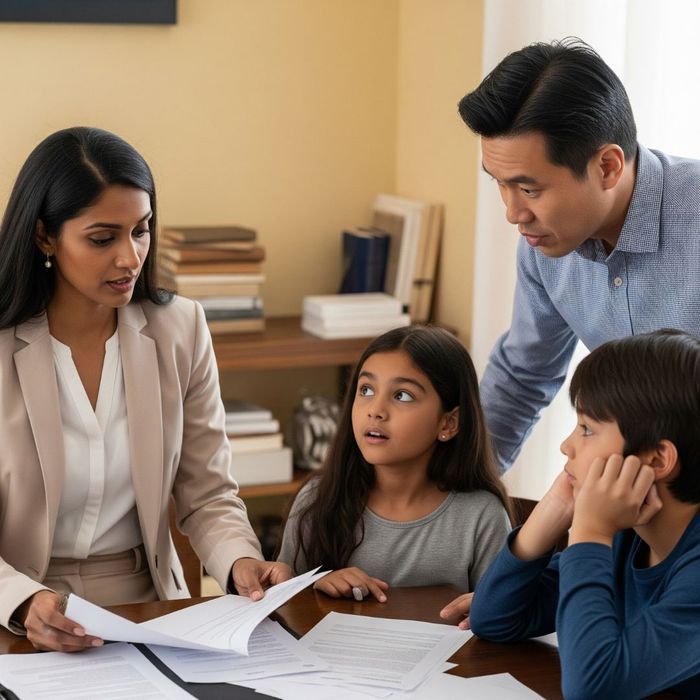 Family looking over documents at home