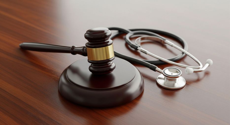 A wooden gavel and a medical stethoscope lying on a polished surface, representing the intersection of law and medicine.