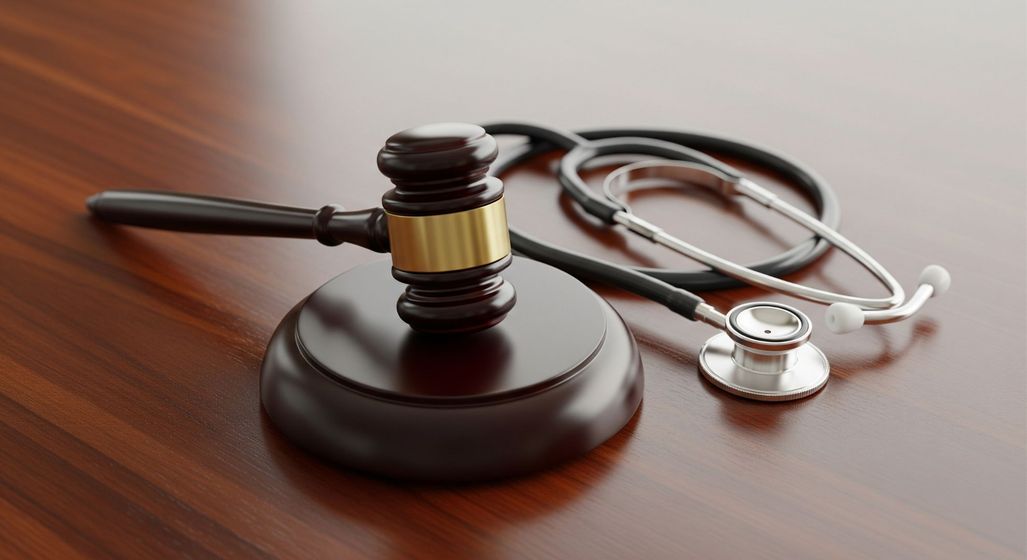 A wooden gavel and a medical stethoscope lying on a polished surface, representing the intersection of law and medicine.