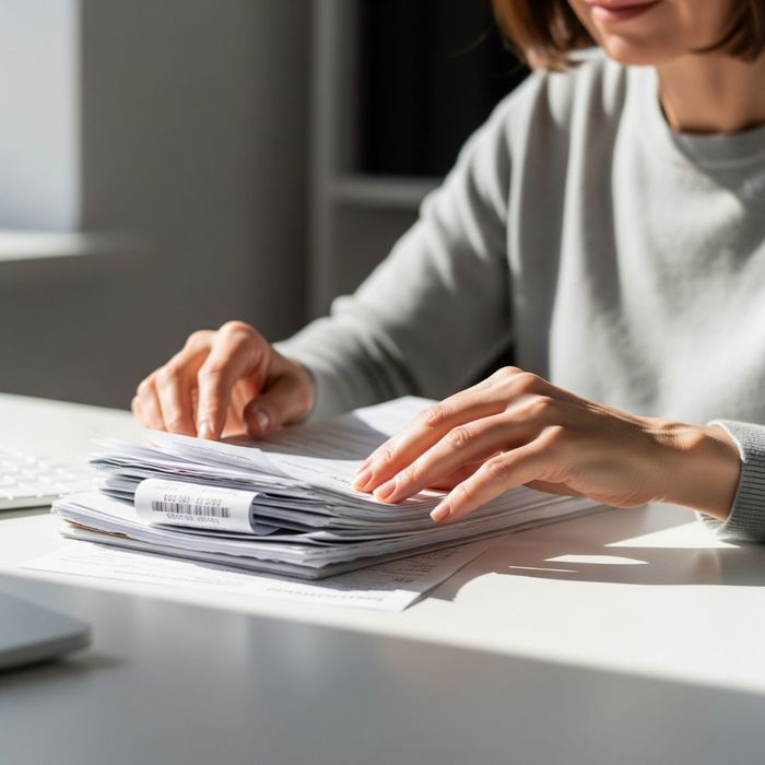 A close-up view of a person's hands neatly organizing a stack of medical bills and records on a clean desk.A close-up view of a person's hands neatly organizing a stack of medical bills and records on a clean desk.