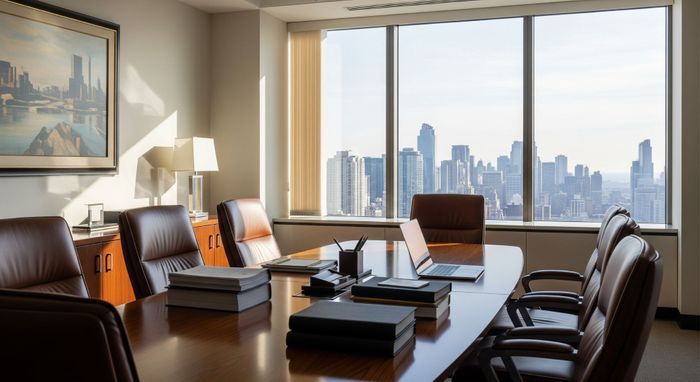 A modern and professional law office conference room, symbolizing expert legal advisory services.