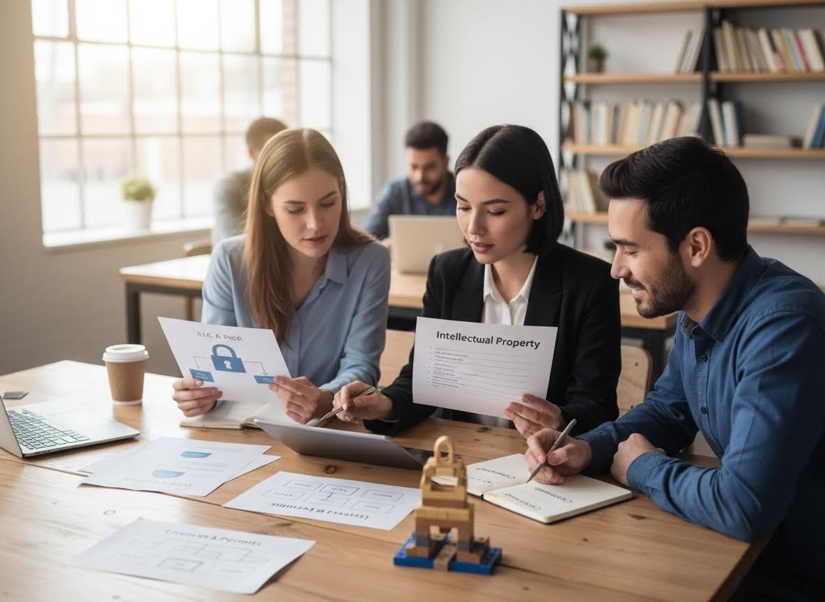 Three professionals discussing intellectual property documents in an office